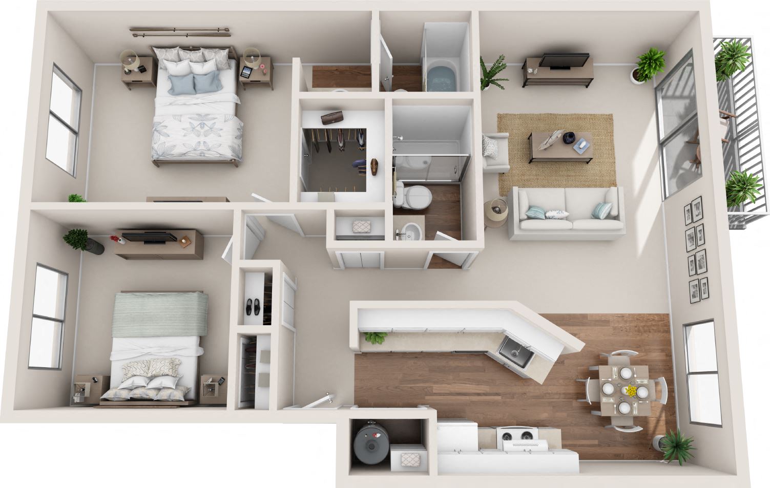 Floor plan for 2 beds, 2 baths, 1050 sqft